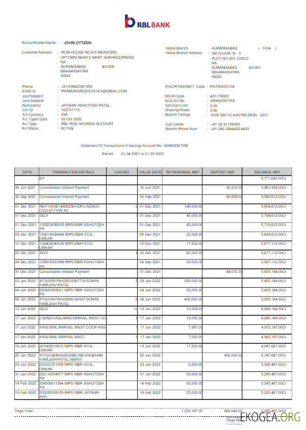Relevé bancaire Inde RBL Modèle Word et PDF scr